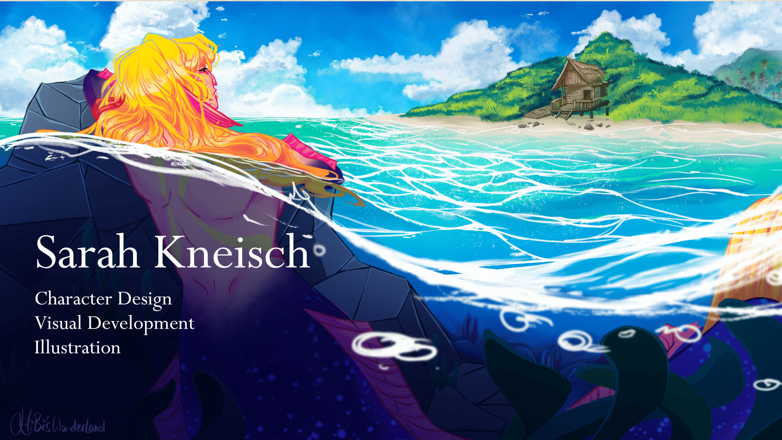 Portfolio final page. Illustration of a mermaid gazing at the island in the distance.